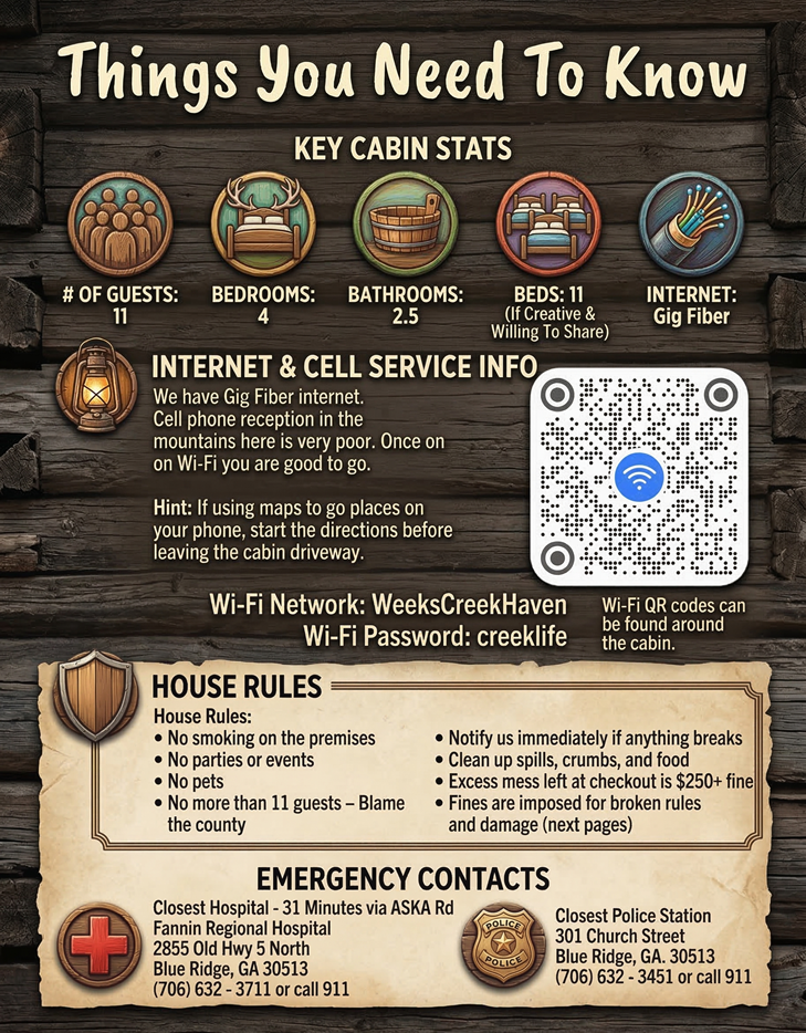 Key Cabin Stats and Wi-Fi Info